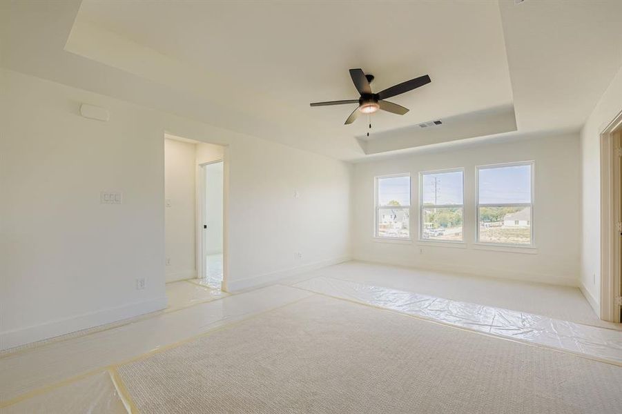 Carpeted spare room with a raised ceiling and a ceiling fan Carpeted spare room with a raised ceiling and a ceiling fan