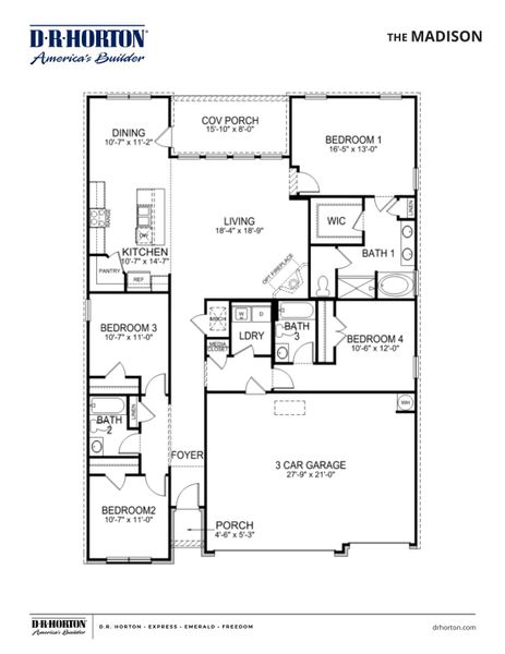 2D floor plan layout for the Madison by D.R. Horton in Riverwood Gardens, Oakland, TN (Image 3). 2D floor plan layout for the Madison by D.R. Horton in Riverwood Gardens, Oakland, TN (Image 3).