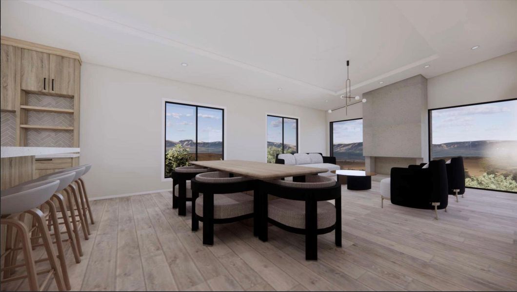 RENDERING - Dining space with light wood-style flooring and recessed lighting