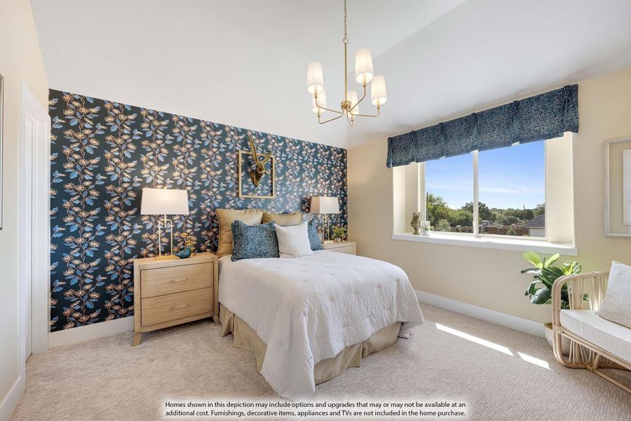 Bedroom with floral accent wall, chandelier, carpet flooring, and large window with natural light