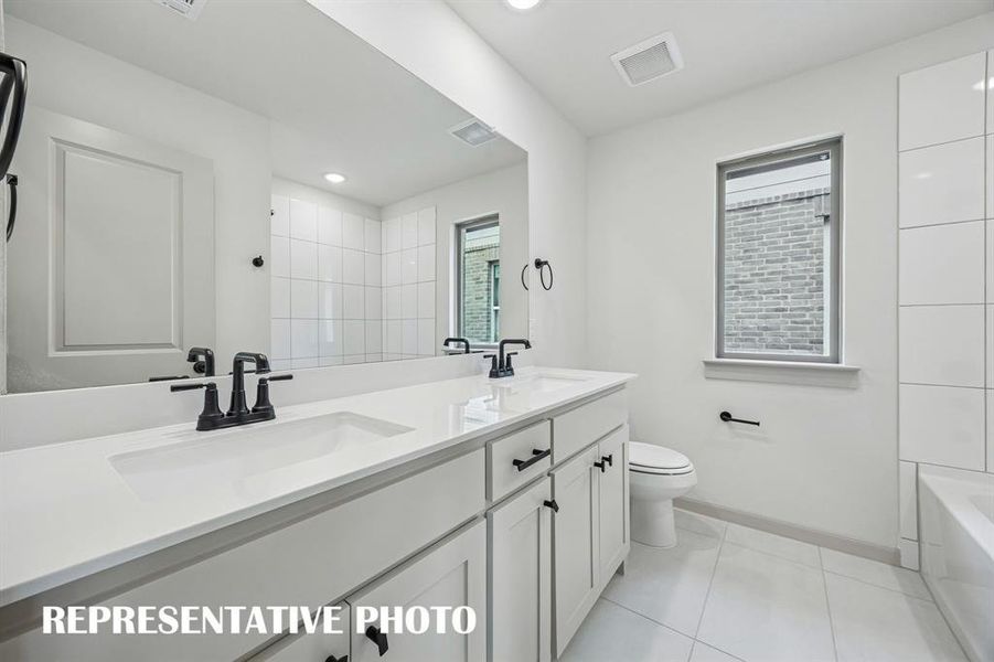 With vanity space for two, friends and family will feel right at home in this thoughtfully designed guest bath. REPRESENTATIVE PHOTO With vanity space for two, friends and family will feel right at home in this thoughtfully designed guest bath. REPRESENTATIVE PHOTO