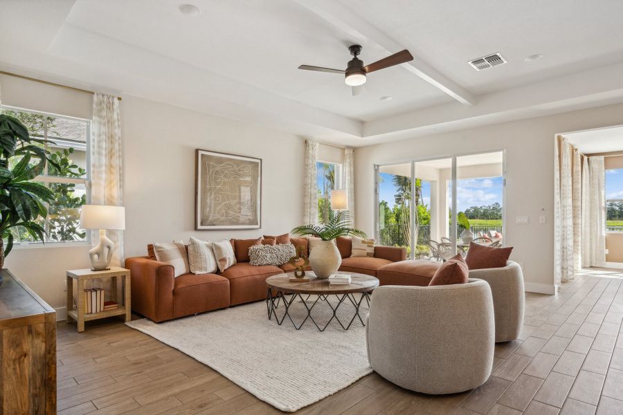 Great room with ceiling treatment Great room with ceiling treatment