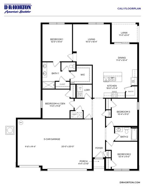 2D floor plan layout for the Cali by D.R. Horton in Bradbury Estates, Sanford, FL (Image 4). 2D floor plan layout for the Cali by D.R. Horton in Bradbury Estates, Sanford, FL (Image 4).