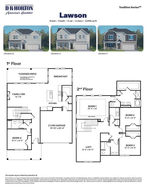 2D floor plan layout for the LAWSON by D.R. Horton in Horton Park, Apex, NC (Image 3).