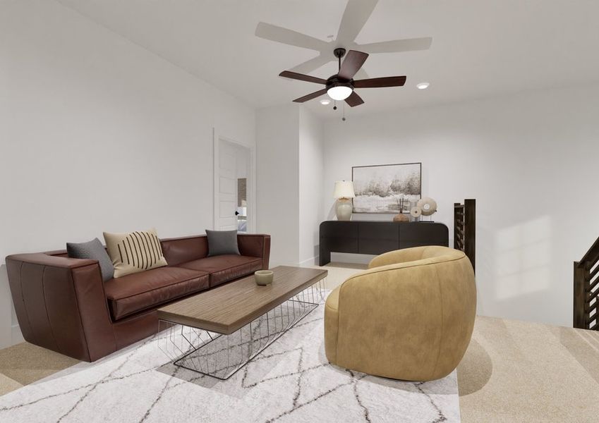 Cozy living room with a brown leather sofa, swivel chair, and wooden coffee table on a white rug. Ceiling fan and framed art add warmth. Cozy living room with a brown leather sofa, swivel chair, and wooden coffee table on a white rug. Ceiling fan and framed art add warmth.