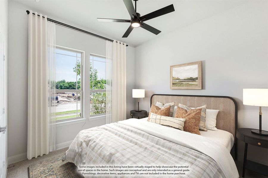 Bedroom with ceiling fan, rattan headboard, two windows with white curtains, and neutral decor