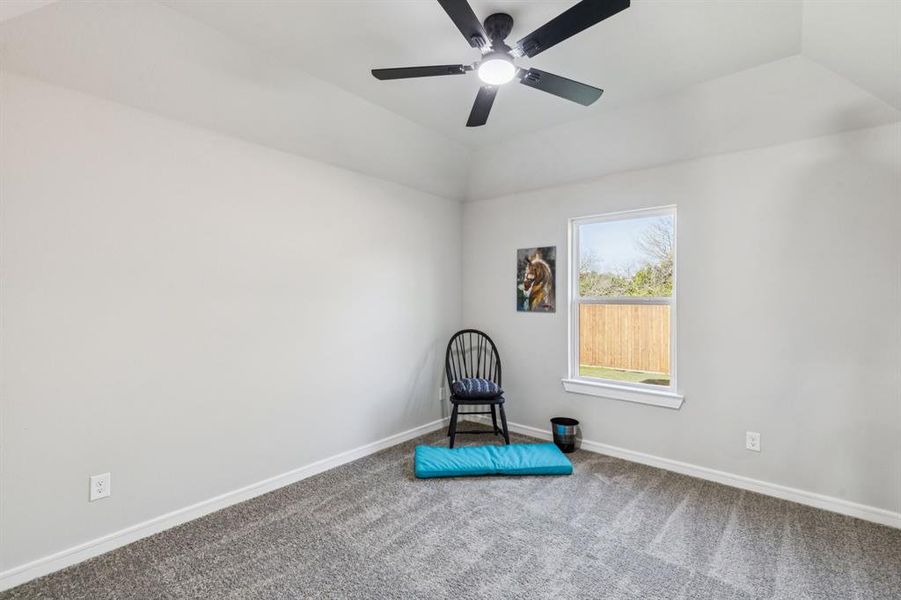 Unfurnished room with lofted ceiling, carpet, and a ceiling fan