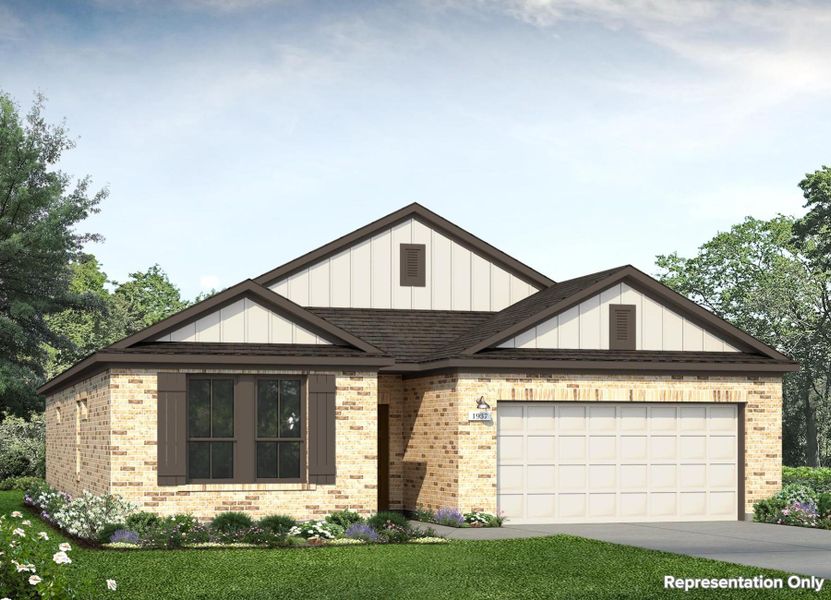 Front exterior of a new home in Legacy Hills, Mico, TX, highlighting curb appeal (Image 1). Front exterior of a new home in Legacy Hills, Mico, TX, highlighting curb appeal (Image 1).