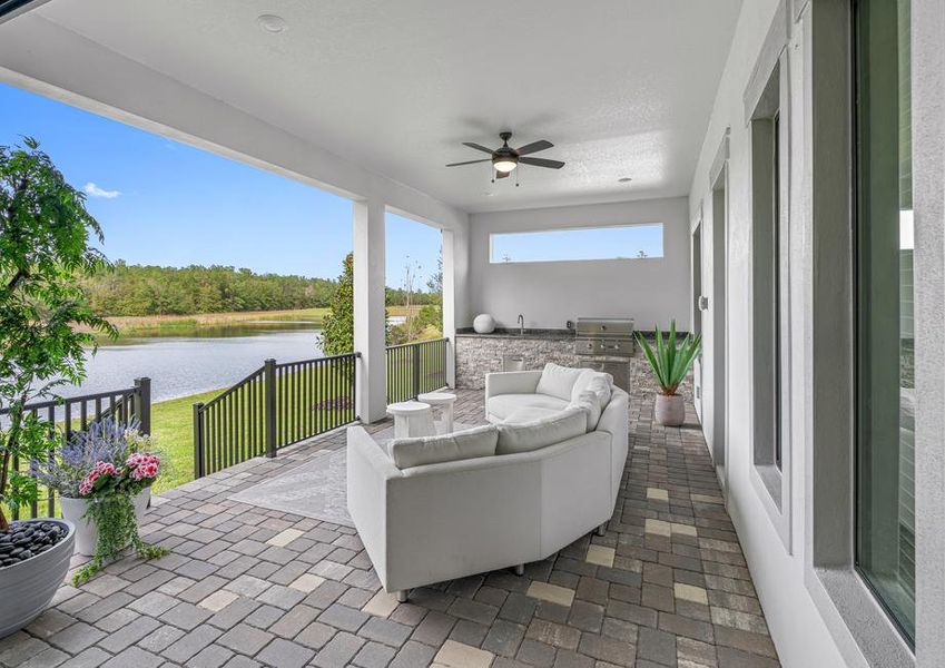 The covered outdoor living area offers stunning views.