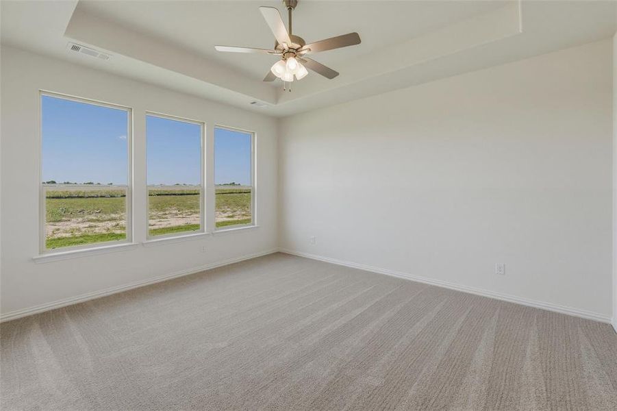 Room featuring a tray ceiling with a mounted ceiling fan, three expansive windows, light-toned carpeting, and neutral wall paint Room featuring a tray ceiling with a mounted ceiling fan, three expansive windows, light-toned carpeting, and neutral wall paint