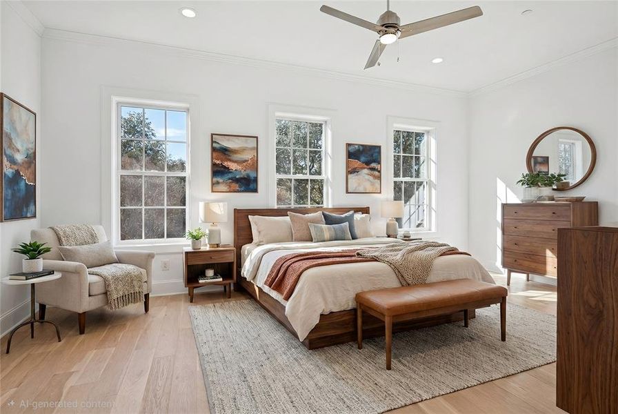 Bright bedroom with light wood-finish flooring and a neutral color palette