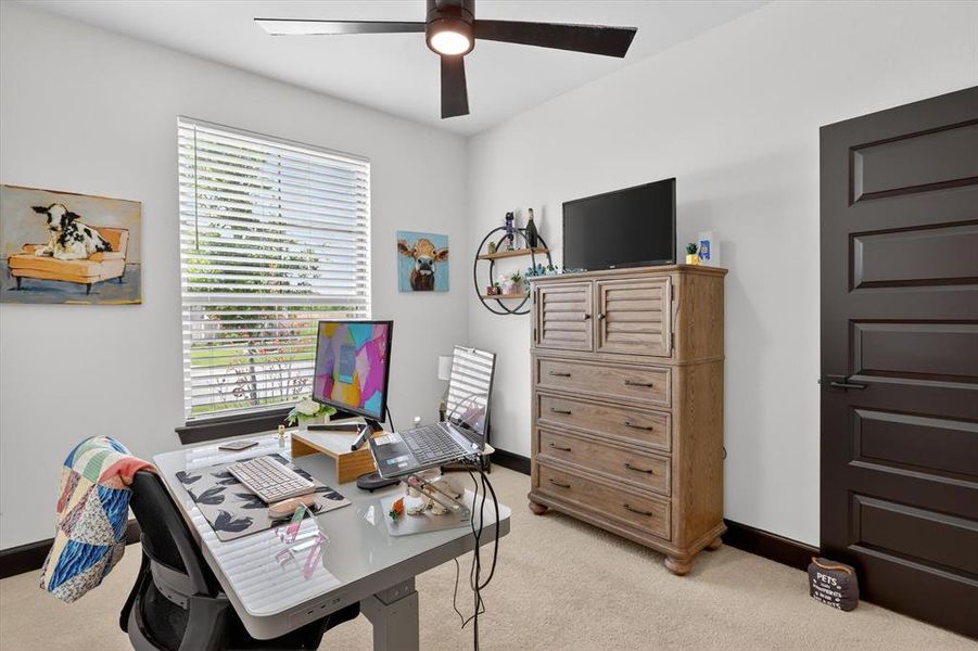 Windowed room featuring a ceiling fan with integrated lighting, a dark wood-finish paneled door, and light-toned carpeting
