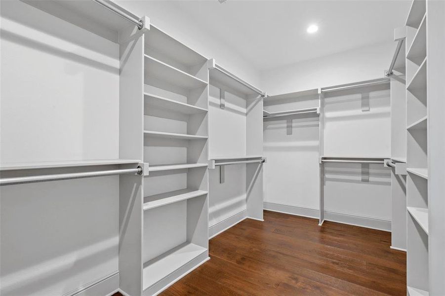 Walk in closet with dark hardwood / wood-style flooring