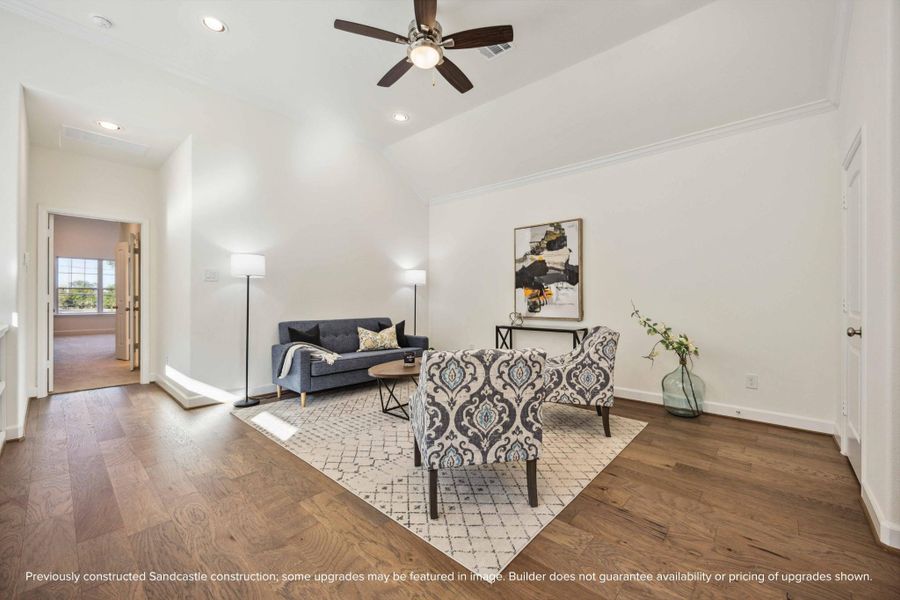 Perched at the top of the stairs, this upstairs lounge is a choose-your-own-adventure space—cozy TV den, home office, or creative corner. The vibe? Totally relaxed. Perched at the top of the stairs, this upstairs lounge is a choose-your-own-adventure space—cozy TV den, home office, or creative corner. The vibe? Totally relaxed.
