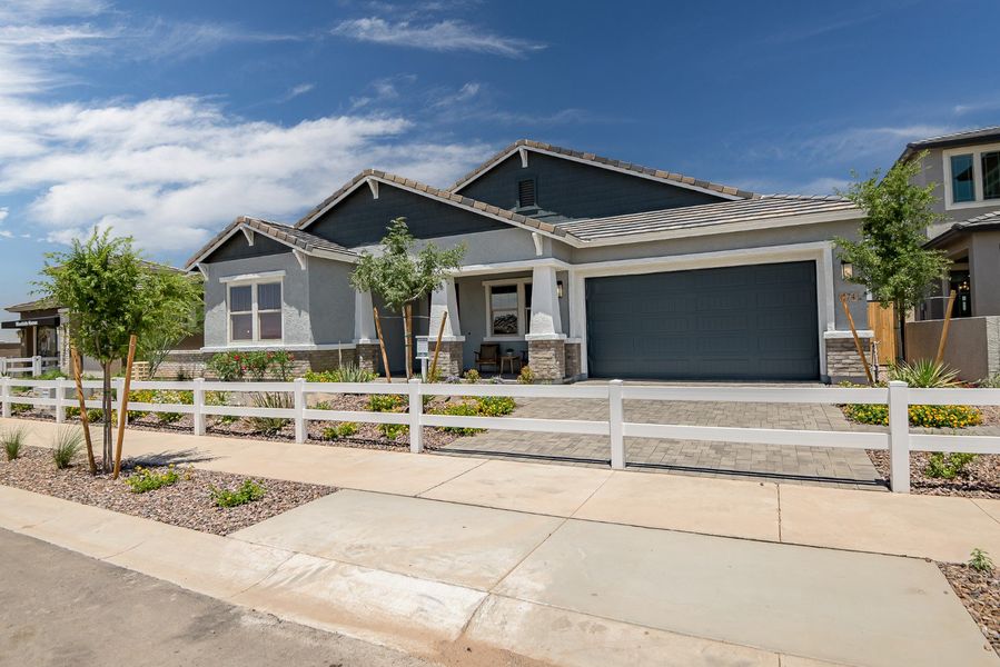 Front exterior of a new home in Palo Verde at North Creek, Queen Creek, AZ, highlighting curb appeal (Image 23).