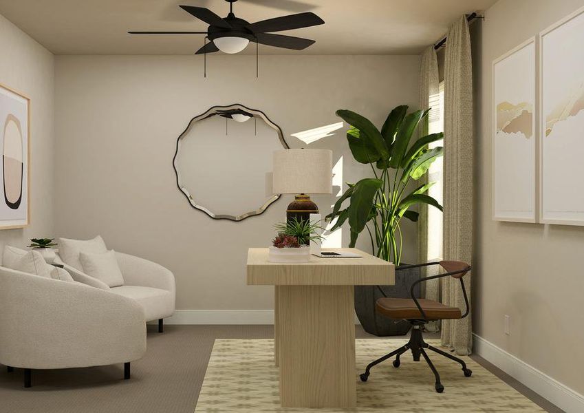 Rendering of a bedroom furnished as an
  office with a desk, computer chair, two accent chairs, a potted tree and rug.