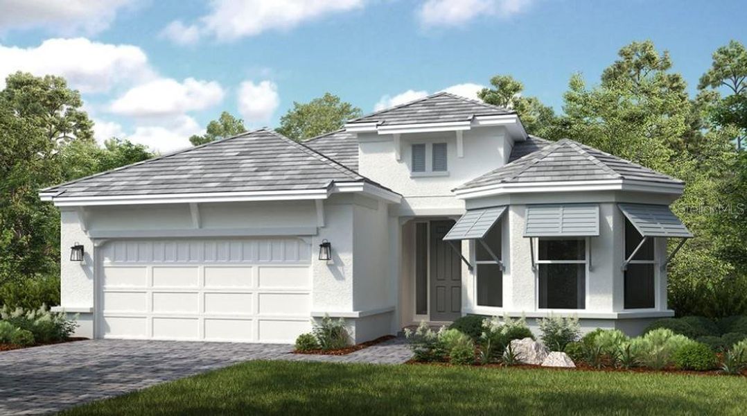 Front exterior of a new home in Esplanade at Azario Lakewood Ranch, Lakewood Ranch, FL, highlighting curb appeal (Image 1). Front exterior of a new home in Esplanade at Azario Lakewood Ranch, Lakewood Ranch, FL, highlighting curb appeal (Image 1).