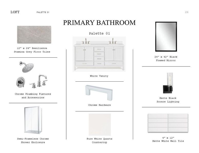 Loft Look Palette 1: Primary Bathroom Selection Sheet (*Artist rendering used for illustration purposes only.)