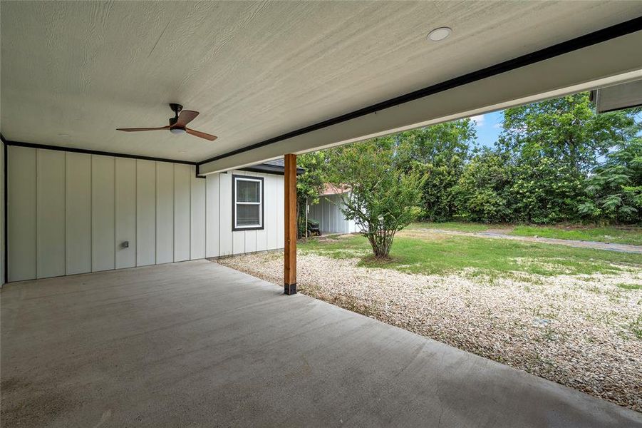 Covered patio featuring a ceiling fan, recessed lighting, and a prominent wood support beam Covered patio featuring a ceiling fan, recessed lighting, and a prominent wood support beam