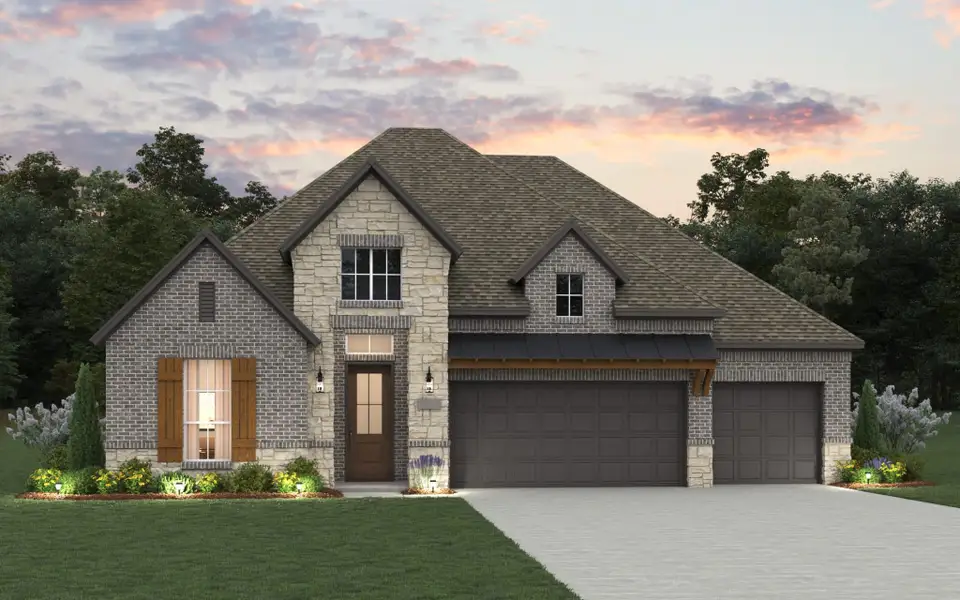 Front exterior of a new home in Trinity Falls, McKinney, TX, highlighting curb appeal (Image 2).