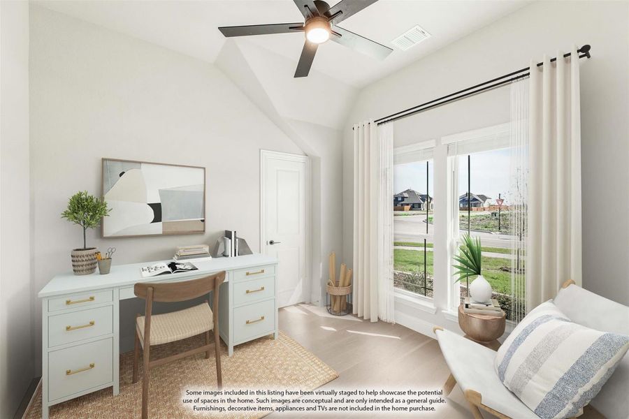 Home office with vaulted ceiling, white desk, ceiling fan, and large window with neighborhood view Home office with vaulted ceiling, white desk, ceiling fan, and large window with neighborhood view