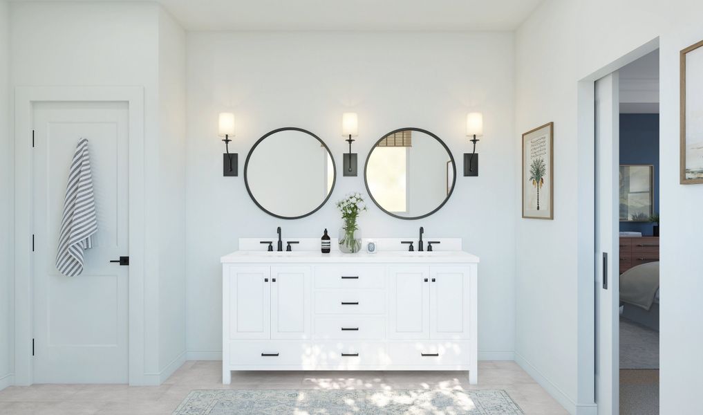 Primary bath with freestanding vanity and circular mirrors