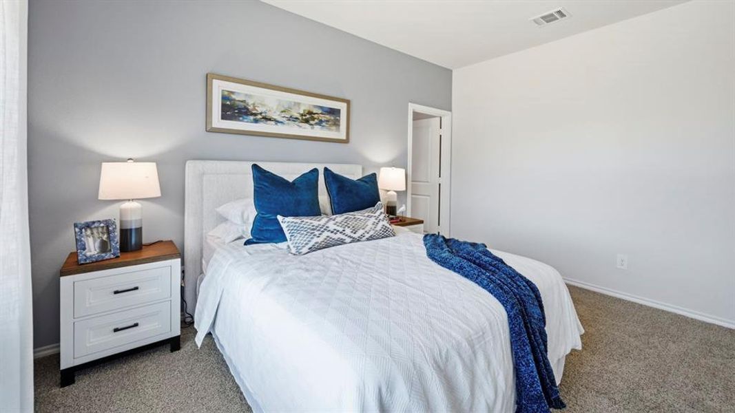 The bedroom features light gray walls, plush carpeting, and a white door