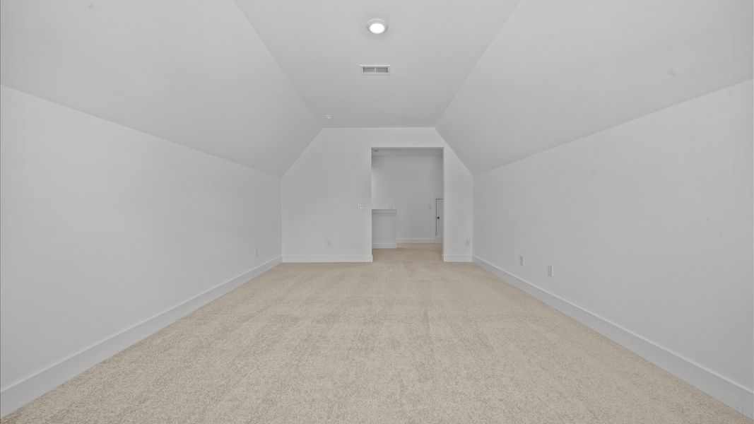First-class bonus room design with comfortable carpeting and a thoughtful layout