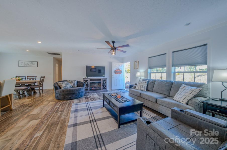 open living, kitchen, dining