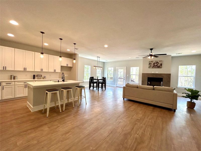 Open concept kitchen, living, and dining areas. Open concept kitchen, living, and dining areas.