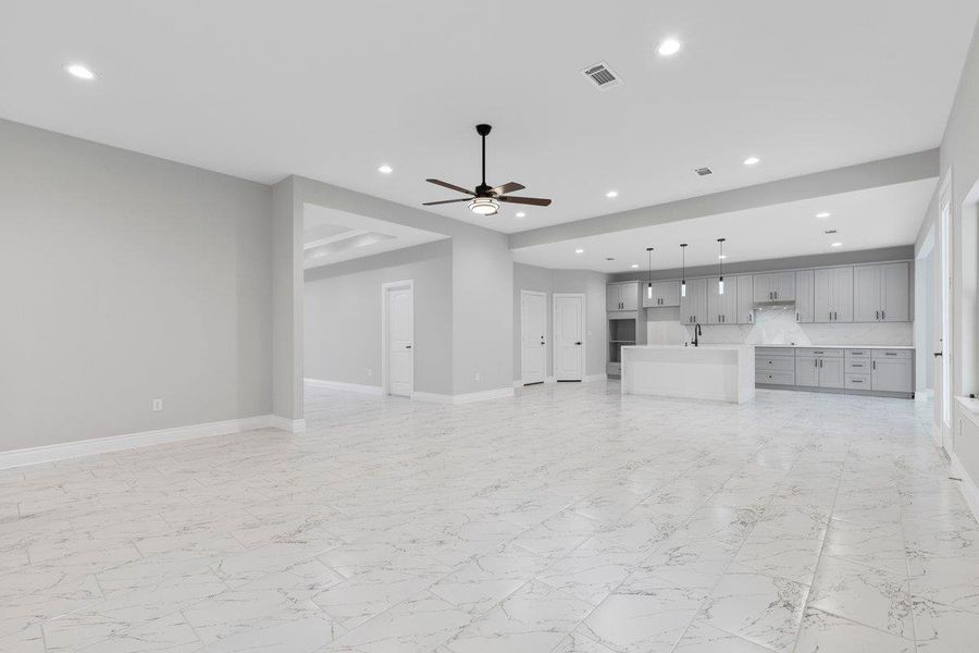 Open floor plan showing living room and kitchen