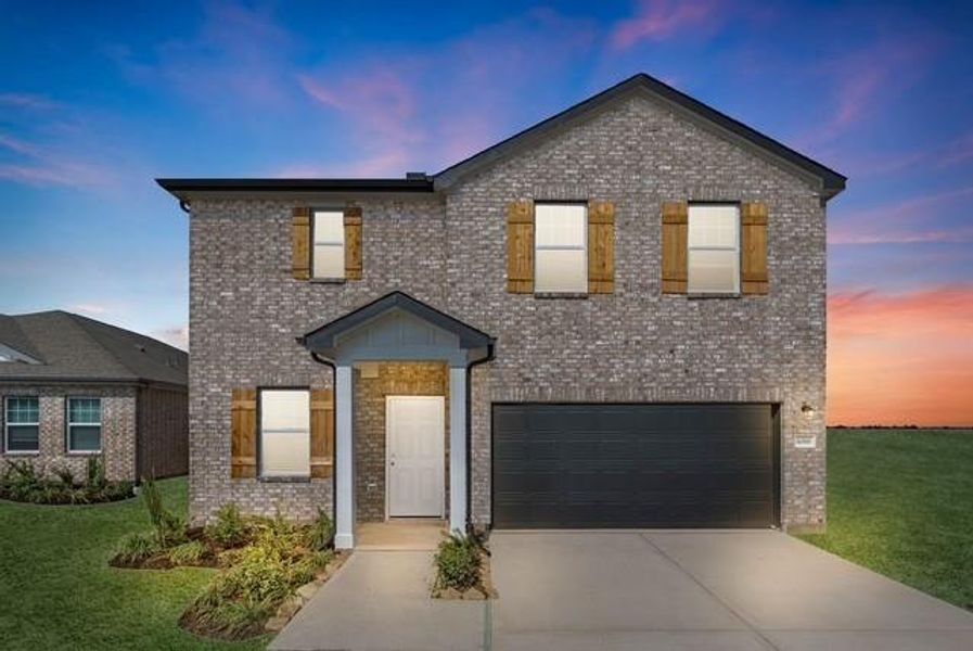 Front exterior of a new home in Sunterra Lakes, Brookshire, TX, highlighting curb appeal (Image 1). Front exterior of a new home in Sunterra Lakes, Brookshire, TX, highlighting curb appeal (Image 1).