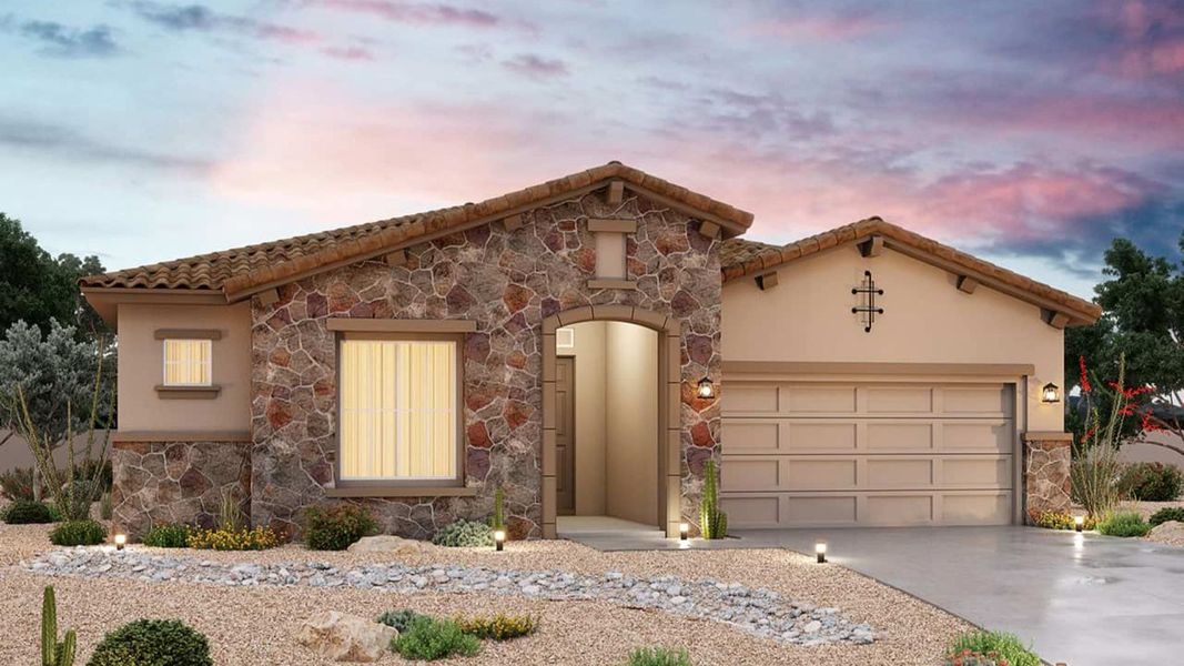 Representative exterior photo of a completed home built from the Amethyst by Brightland Homes in Mirada Crossing, Goodyear, AZ (Image 4). Representative exterior photo of a completed home built from the Amethyst by Brightland Homes in Mirada Crossing, Goodyear, AZ (Image 4).