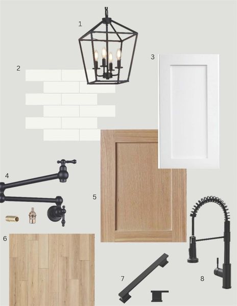 KITCHEN 1. Pendant lighting 2.Soho - Canvas White Brick Mosaic backsplash 3.White cabinets on the perimeter 4.Pot filler 5.Natural cabinets at the island & hood vent 6.Emerald Waters - Pierre flooring 7.Cabinet hardware 8.Island faucet