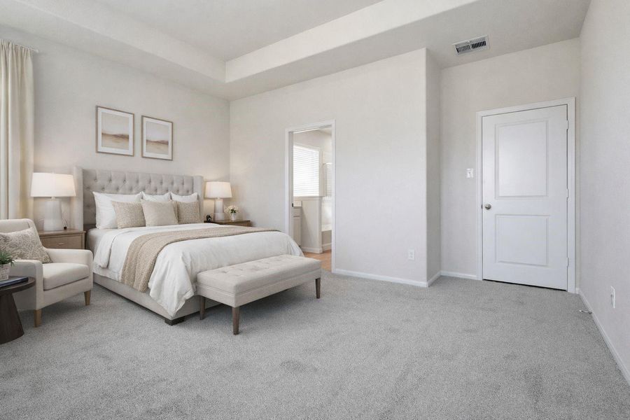 Alternate view of the primary suite highlights the generous layout and clean design, offering plenty of room for furniture and a comfortable, private retreat feel. **Virtually Staged** Alternate view of the primary suite highlights the generous layout and clean design, offering plenty of room for furniture and a comfortable, private retreat feel. **Virtually Staged**