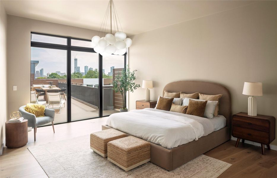 Bedroom with a view of skyline, a chandelier, wood finished floors, and access to outside