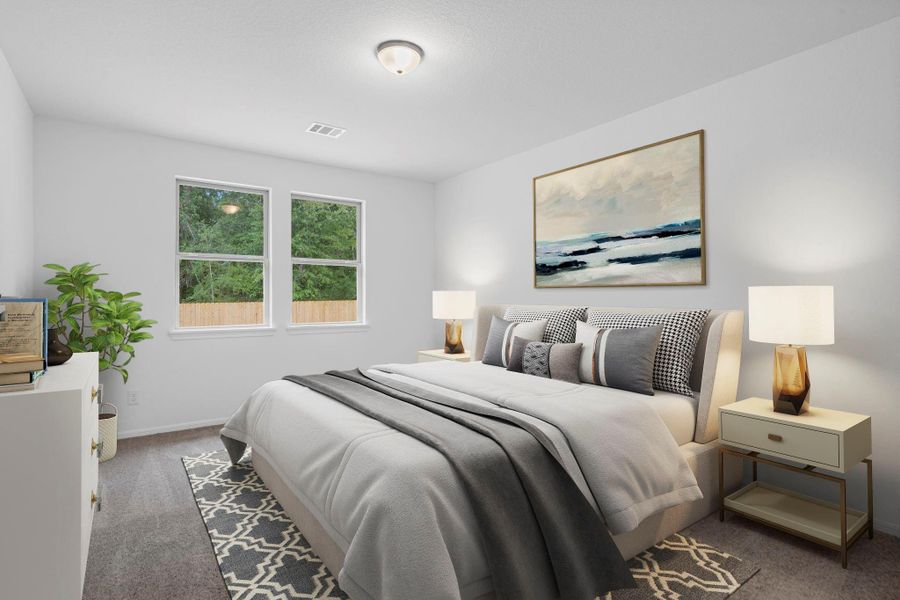 The primary bedroom is generously sized, creating a tranquil and spacious retreat that offers ample room for relaxation. Featuring plush carpet, high ceilings, fresh paint, and large windows that lets in natural lighting throughout the day. The primary bedroom is generously sized, creating a tranquil and spacious retreat that offers ample room for relaxation. Featuring plush carpet, high ceilings, fresh paint, and large windows that lets in natural lighting throughout the day.