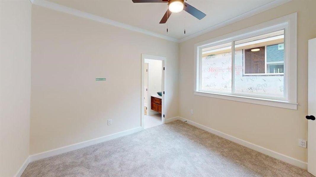 Unfurnished bedroom with carpet flooring, ensuite bathroom, and crown molding
