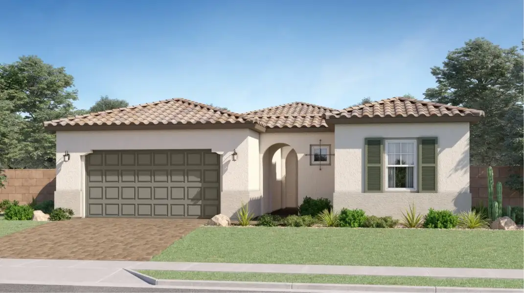 Front exterior of a new home in Madera, Queen Creek, AZ, highlighting curb appeal (Image 1). Front exterior of a new home in Madera, Queen Creek, AZ, highlighting curb appeal (Image 1).