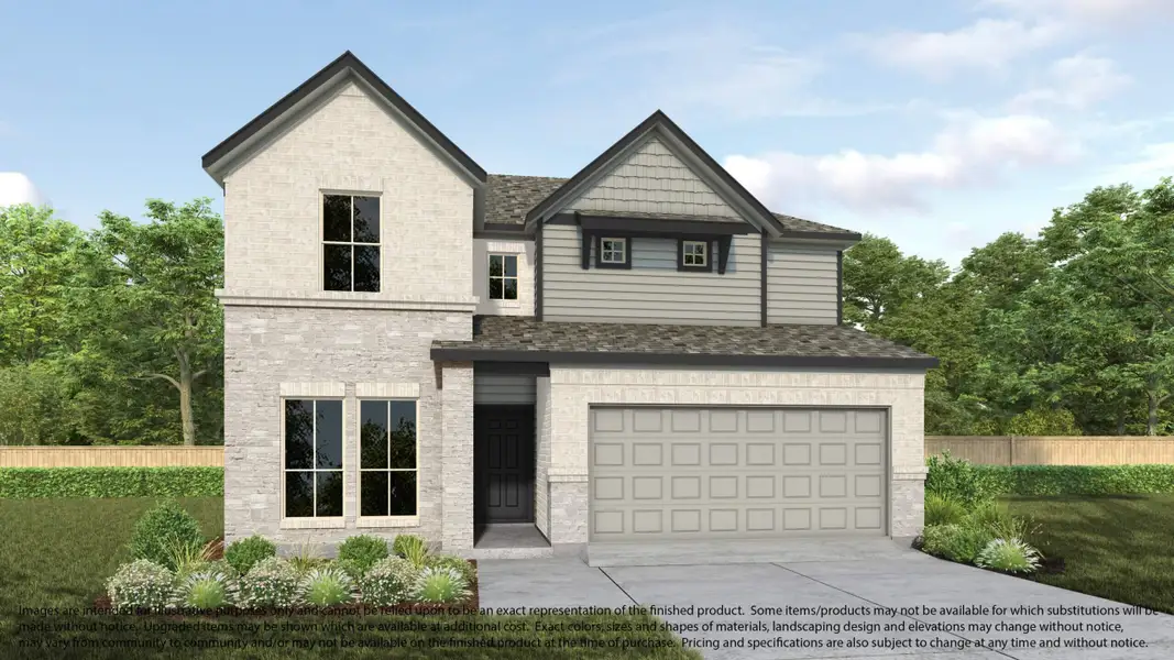 Front exterior of a new home in Creekwood Crossing, Spring, TX, highlighting curb appeal (Image 1).