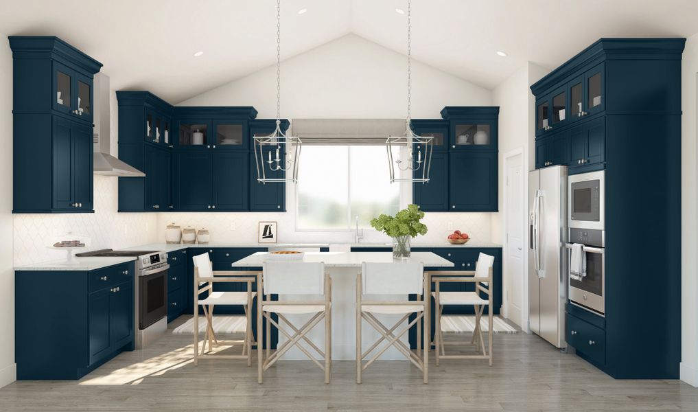 Kitchen with stacked glass-front upper cabinets