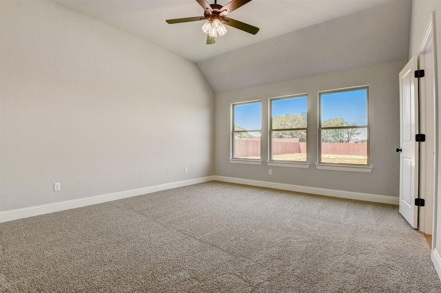 Unfurnished room featuring ceiling fan, lofted ceiling, and carpet flooring