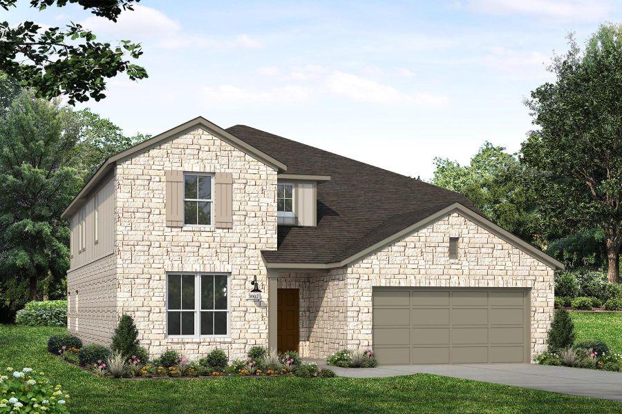 View of front of property with a front yard, concrete driveway, roof with shingles, and an attached garage