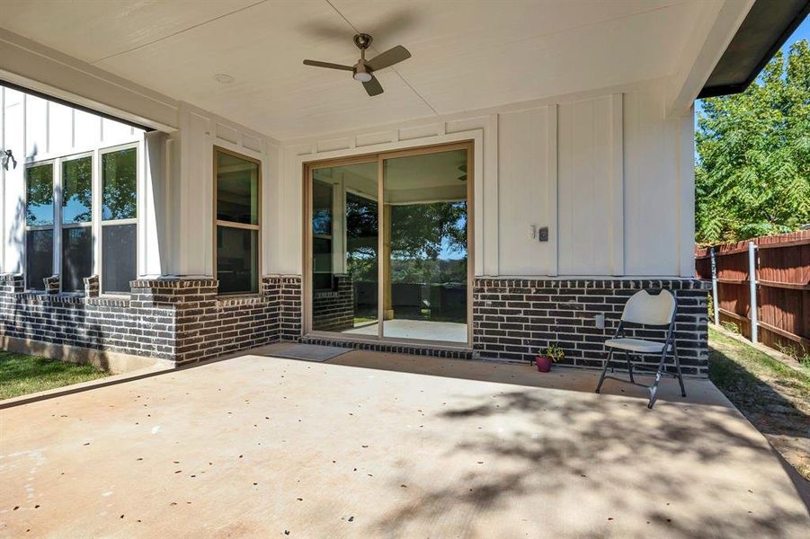 View of patio / terrace featuring a ceiling fan
