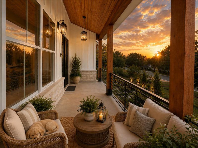 Warm wood ceilings and sturdy support posts frame a peaceful covered porch looking over the neighborhood.Virtual Staging. Warm wood ceilings and sturdy support posts frame a peaceful covered porch looking over the neighborhood.Virtual Staging.