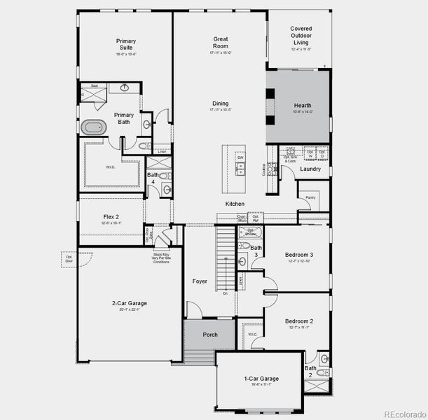 Additional highlights include: dual-sided fireplace, patio, free-standing tub at primary bath, extended hard surface flooring throughout, rough in plumbing for future basement bathroom and gas line rough in for future outdoor kitchen.