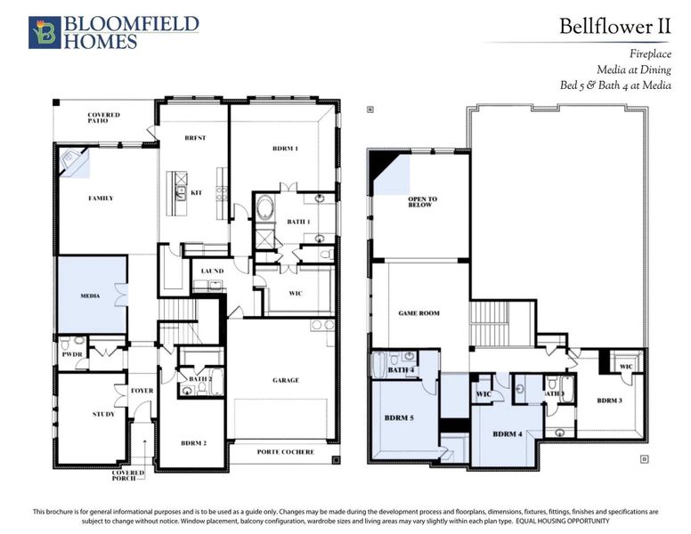Bloomfield Homes Bellflower II two-story floor plan with five bedrooms, four bathrooms, media room, game room, and porte cochere.