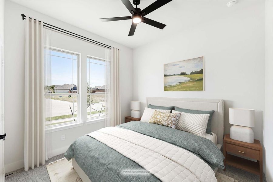 Bedroom with queen bed, black ceiling fan, large windows, and white walls
