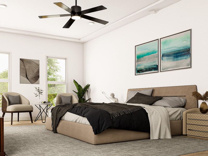 Your primary bedroom provides a serene retreat with generous space, natural light, and the perfect setting to unwind. Image shown is an artist’s rendering; final colors and selections may vary. Please see the New Home Consultant for details.