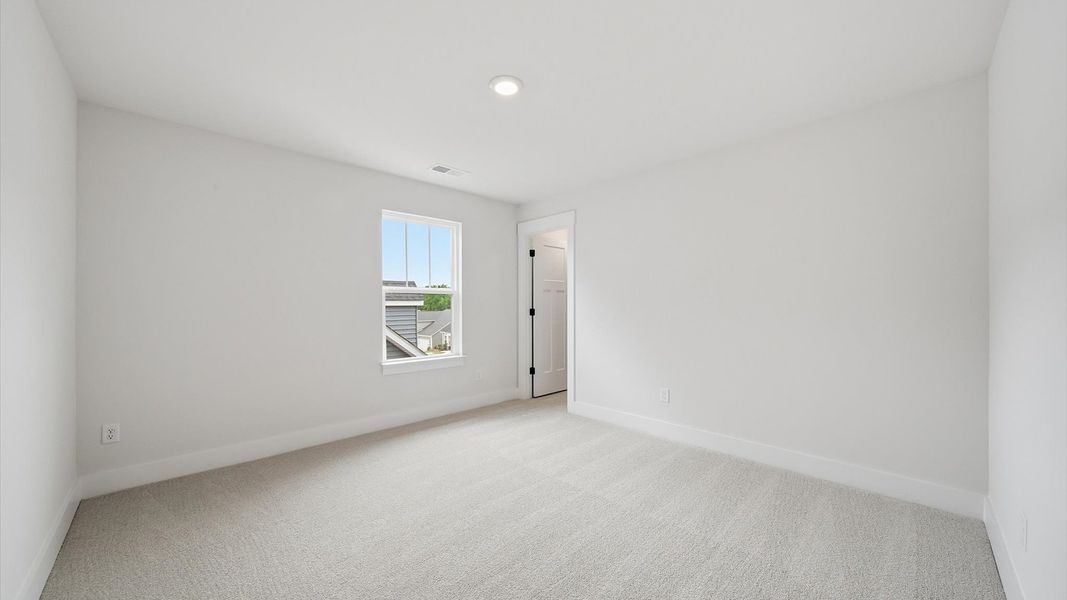 Tasteful bedroom with plush carpet, a walk-in closet, and a large window for abundant natural light